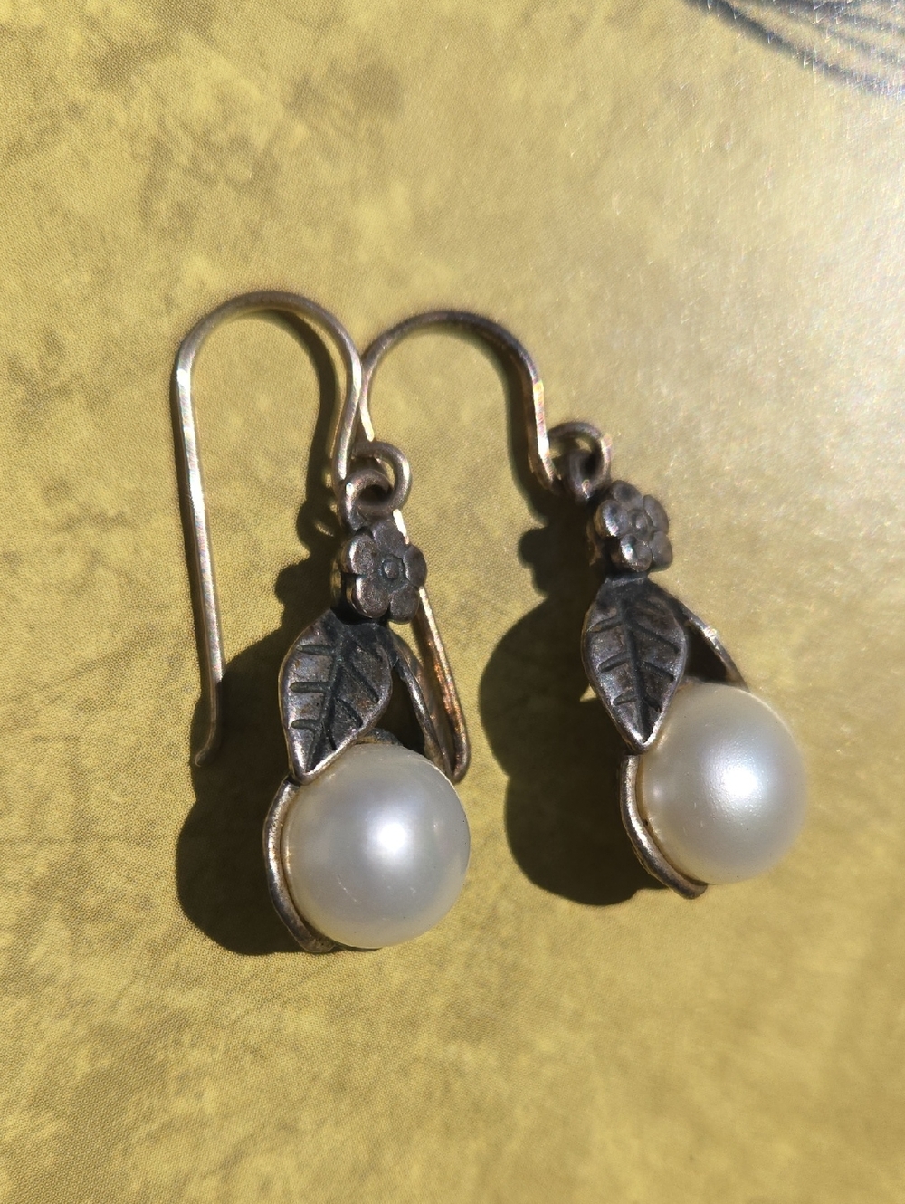 Silver And Pearl Drop Leaf Earrings - White Pearl Floral Design